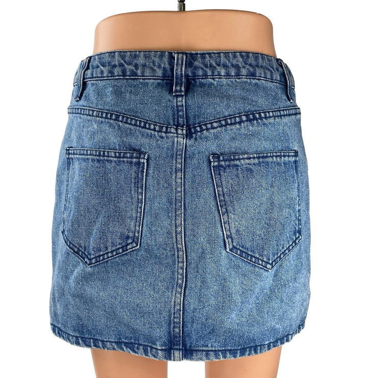 Rebecca Minkoff Blue Embroidered Leaf High Waist Button Fly Denim Jean Skirt 26