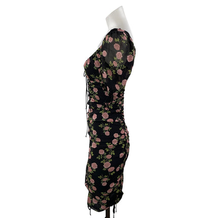 For Love & Lemons Biscotti Black Silk Floral Fitted Ruched Mini Bodycon Dress XS