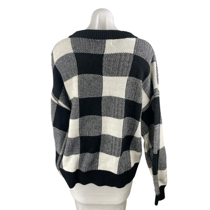 Listicle Black Gingham Check Knit Long Sleeve V Neck Boxy Sweater Top Size S
