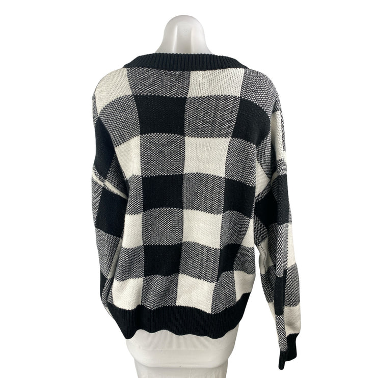 Listicle Black Gingham Check Knit Long Sleeve V Neck Boxy Sweater Top Size S