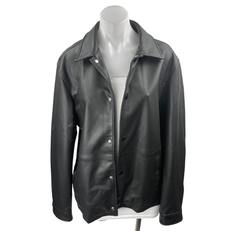 Zara Women's Black Faux Leather Vegan Snap Long Sleeve Moto Jacket Size M