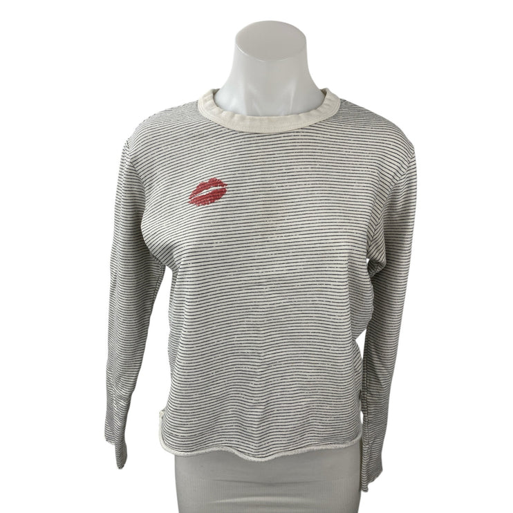 Monrow Women's Gray Kiss Mark Long Sleeve Crew Striped T Shirt Tee Top Size S