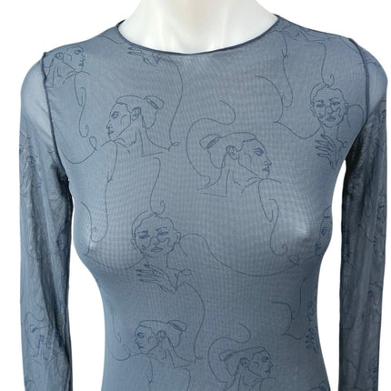 Maniere De Voir Women's Blue Face Sheer Mesh Long Sleeve Bodysuit Top Size 10