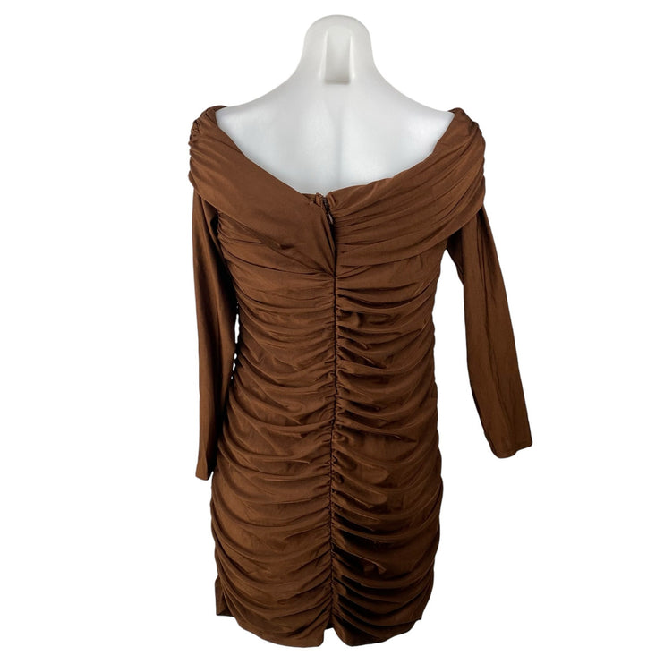 NEW Lulus Brown Ruched Draped Off the Shoulder Long Sleeve Mini Bodycon Dress XL