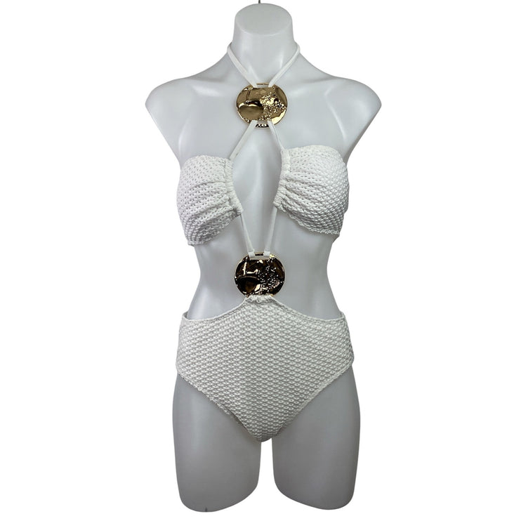 Womens White Crochet Cutout One Piece Swimsuit & Skirt Cover Up Co-ords Set Sz M