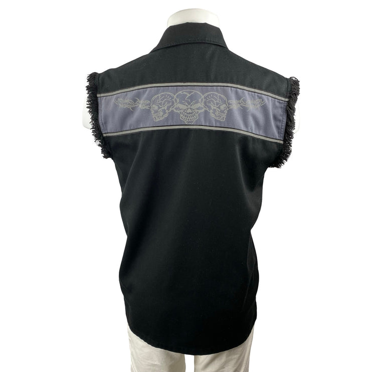 Biker Men's Black Fringe Sleeveless Pocket Colorblock Button Down Shirt Top Sz M