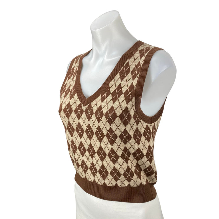 Aritzia Sunday Best Women's Brown Wool Argyle Sleeveless Sweater Vest Top Size S
