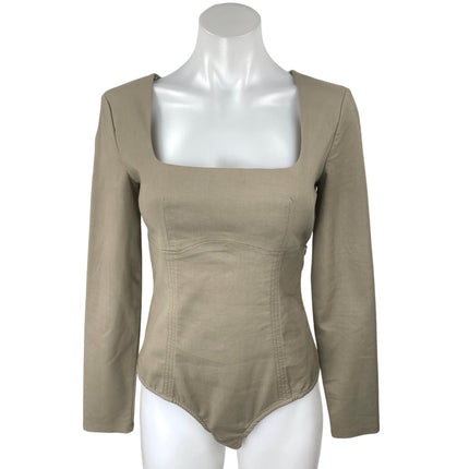 Zara Women Tan Beige Long Sleeve Square Neck Corset T Shirt Bodysuit Top Size M