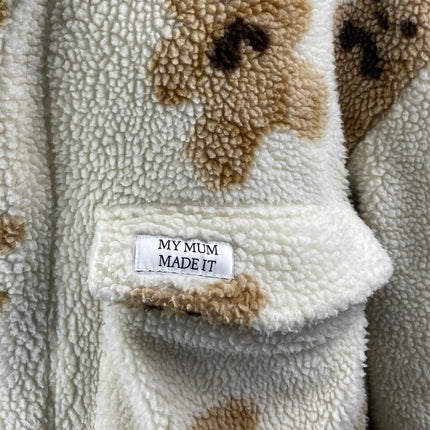 My Mum Made It White bBown Teddy Bear Fleece Zip Up Pockets Coat Jacket Size 8