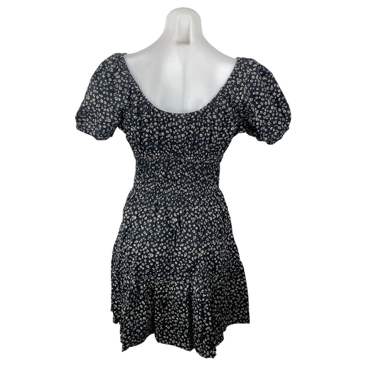 GAP Black Floral Smocked Puff Sleeve Tie Square Neck Mini Flare A-Line Dress M
