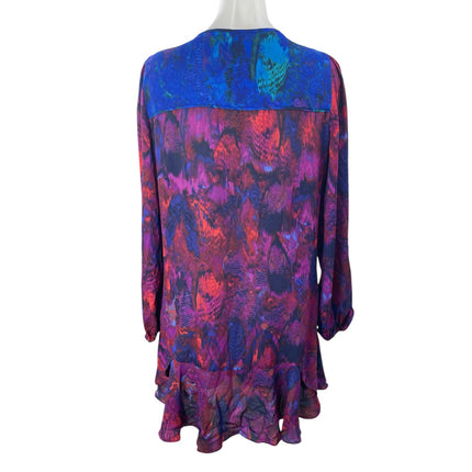 BCBGMAXAZRIA Purple Long Sleeve Abstract Tie Neck Boho Ruffle Mini Dress Size S