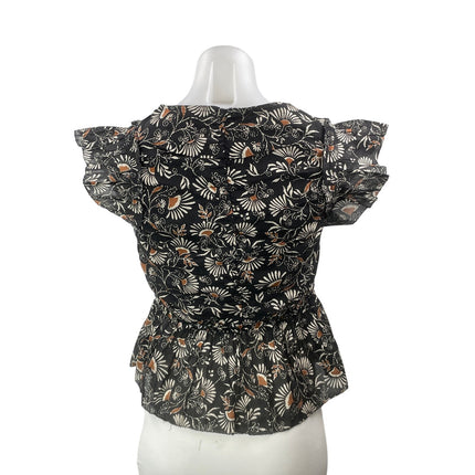 Rails Women's Black Floral Ruffle V Neck Ruched Peplum Crop Blouse Top Size S