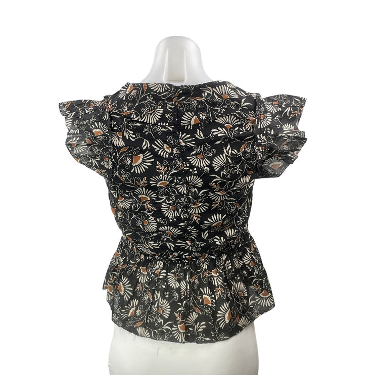 Rails Women's Black Floral Ruffle V Neck Ruched Peplum Crop Blouse Top Size S