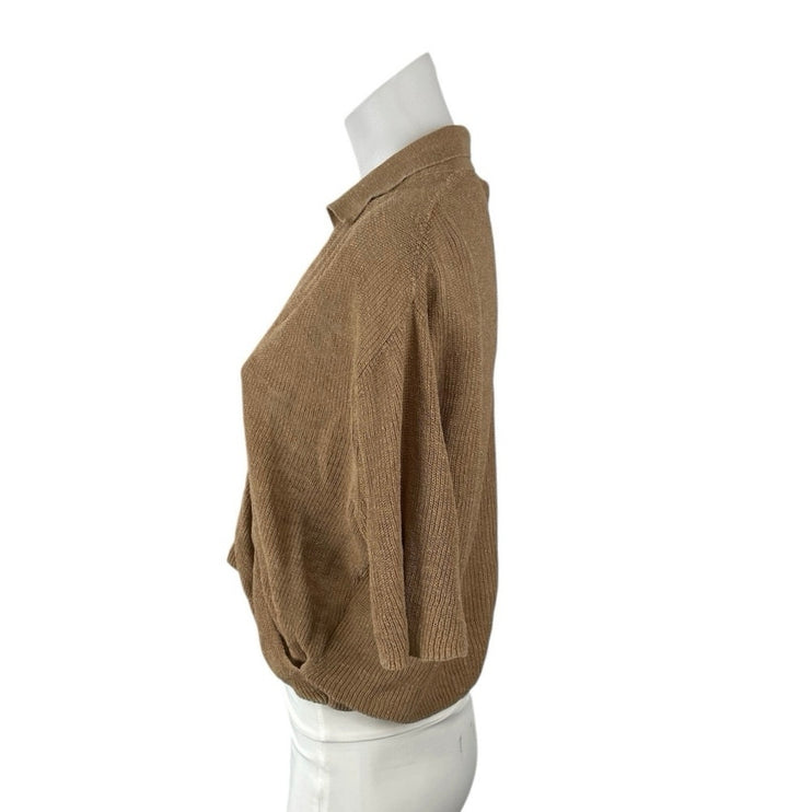 Rowie Women's Brown Tan Short Sleeve Faux Wrap V Neck Knit Blouse Top Size XS