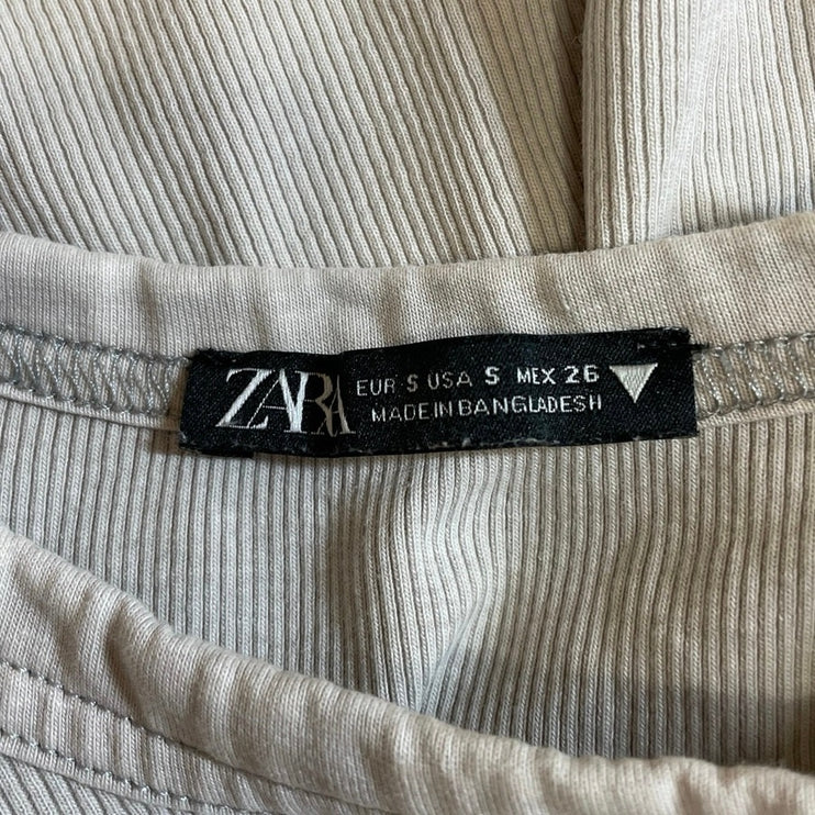 Zara Women's Beige Ribbed Knit Crew Neck Long Sleeve T Shirt Tee Top Size S