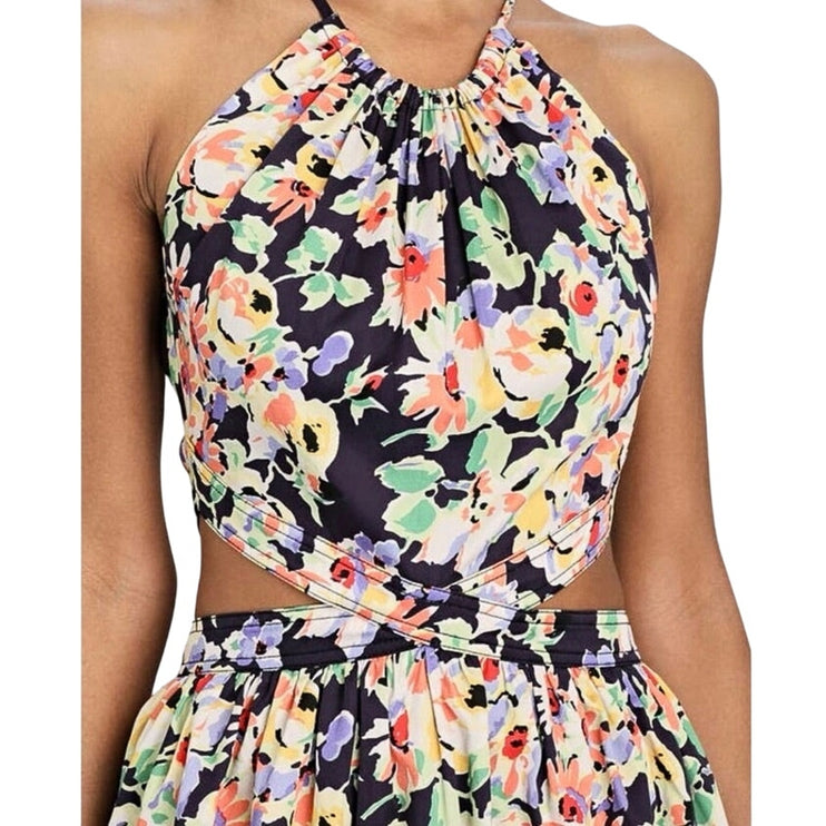 Someting Navy Blue Floral Print Cut Out Halter Cotton Poplin A Line Midi Dress M