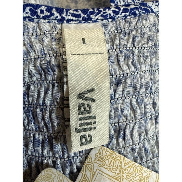 NEW Valija Blue Ruffle Scoop Neck Backless Smocked Printed Boho Crop Top Size L