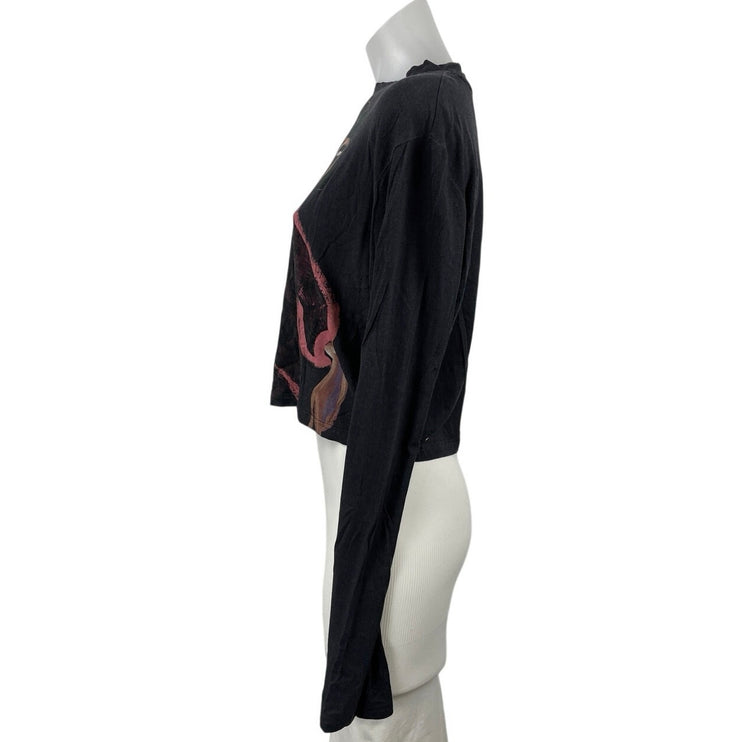 The Kit JLR Sketchbook Black Slim Graphic Art Long Sleeve Crop T Shirt Tee L