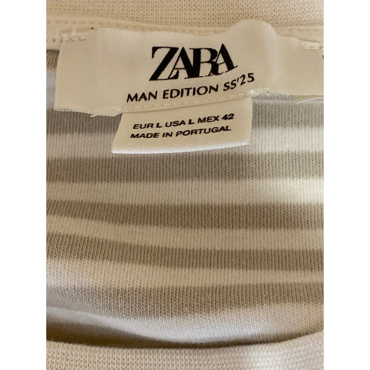 Zara Women's White Gray Striped Crew Neck Long Sleeve Sweatshirt Sweater Top L