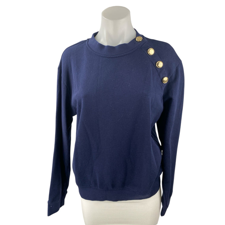 Derek Lam 10 Crosby Women's Navy Blue Gold Button Crewneck Sweatshirt Top Size M