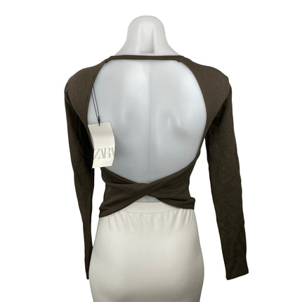 NEW Zara Women's Olive Green Open Back Knit Backless Long Sleeve Crop Top Size S