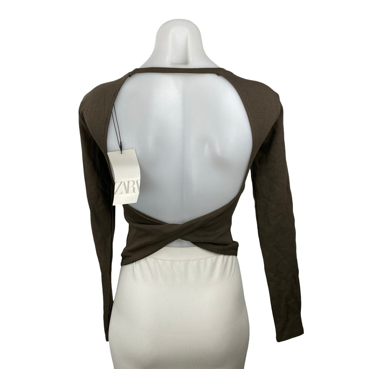 NEW Zara Women's Olive Green Open Back Knit Backless Long Sleeve Crop Top Size S