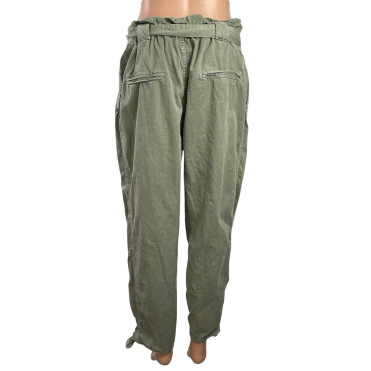 Zara Women's Green High Rise Tie Waist Tapered Paperbag Trousers Pants Size 10