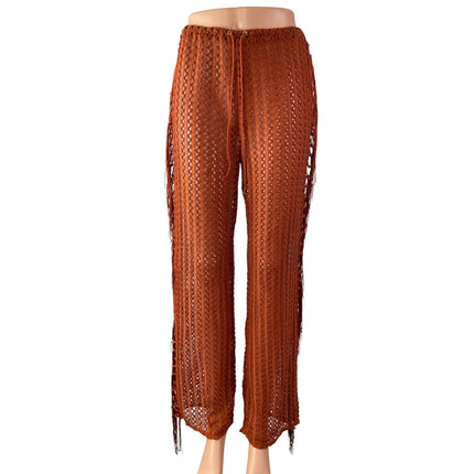 Camila Coelho Kira Women's Brown Sheer Crochet Summer Cover Up Trousers Pants S