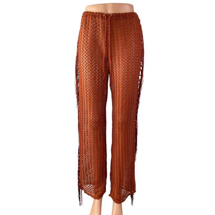 Camila Coelho Kira Women's Brown Sheer Crochet Summer Cover Up Trousers Pants S