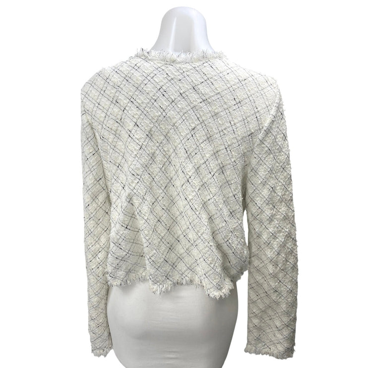 Lovers + Friends Lucy White Tweed Plaid Fringe Open Front Long Sleeve Jacket M