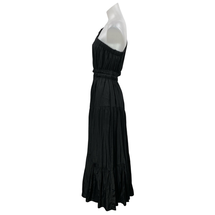 Moon River Black One Shoulder Short Sleeve Cutout Tiered A Line Maxi Dress M
