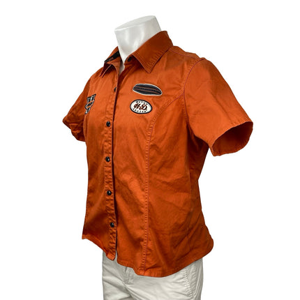 Harley Davidson Orange Embroidered Short Sleeve Button Down Work Shirt Top Sz XL