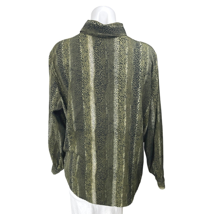 Apparenza Green Reptile Animal Print Long Sleeve Button Down Shirt Blouse Top L
