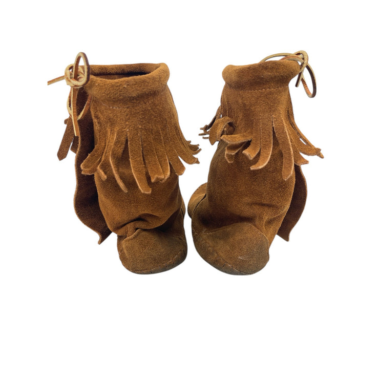 Taos Brown Fringed Suede Leather Tie Button Mid Calf Moccasin Boots Size 10.75