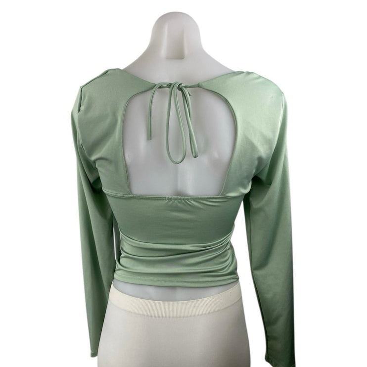 NEW Live in the Moment Green Ruched Front Long Sleeve Open Back Crop Top Size S