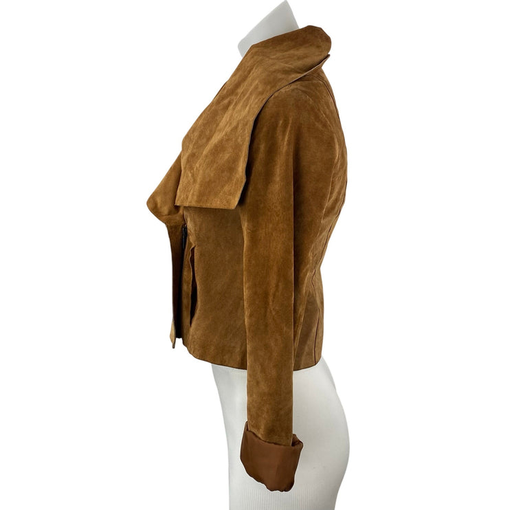 Women's Brown 100% Genuine Leather Long Sleeve Collared Crop Moto Coat Jacket S