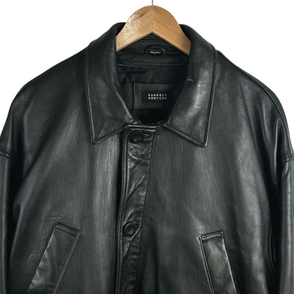 Barneys New York Men's Black Leather Pockets Button Down Moto Coat Jacket Size L