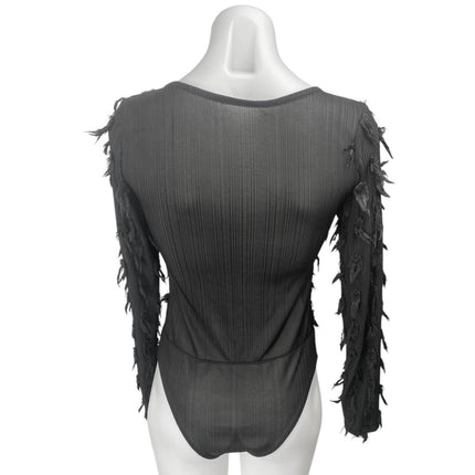 Women's Black Fringe Long Sleeve Sheer Scoop Neck Slim Fit Bodysuit Top Size S