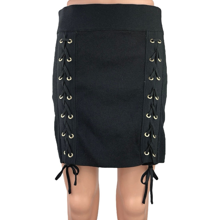 Zara Black Lace Up Stretch Knit Elastic Waist Pull On Mini Pencil Skirt Size M