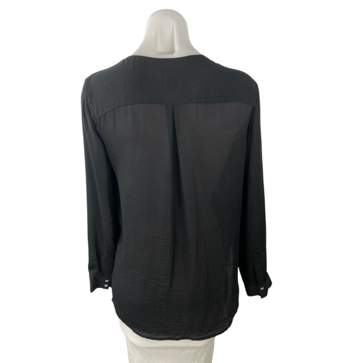 H&M Conscious Women's Black V Neck Long Sleeve Button Down Shirt Blouse Top Sz 2