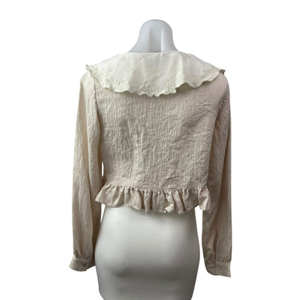 Zara Women's Beige Long Sleeve Tie Collared Ruffle Crop Peplum Blouse Top Size M
