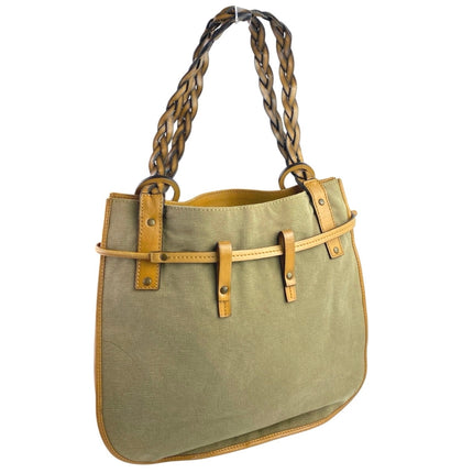 Gucci Women's Gray Green Braided Leather Straps Canvas Tote Shoulder Hand Bag