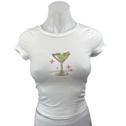 Princess Polly White Wine Glass Cocktail Short Sleeve T Shirt Tee Crop Top Sz 2