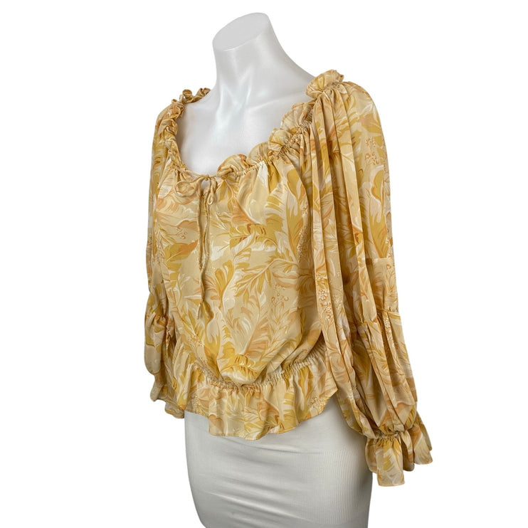 Dress Forum Women's Yellow Leaf Long Sleeve Tie Peplum Ruffle Blouse Top Size S