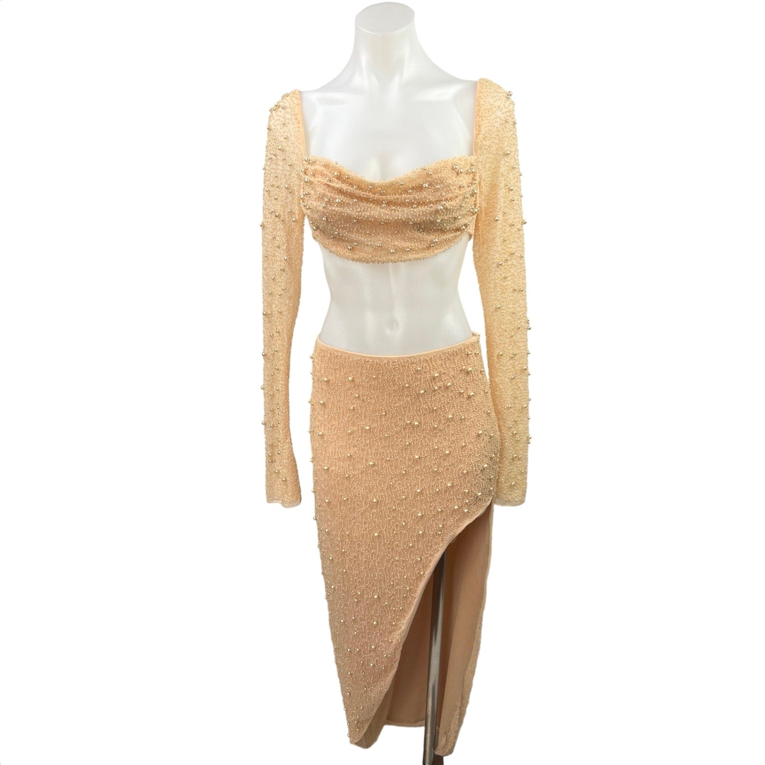 oh polly cream dress Oh Polly Cream Pearl Beaded Embellished Cropped Top & Midi Skirt 2-Pie – Brie