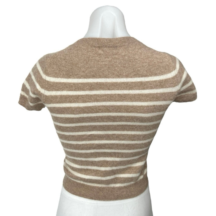 Quince 100% Cashmere Tan White Striped Short Sleeve Crop Shirt Sweater Top XS