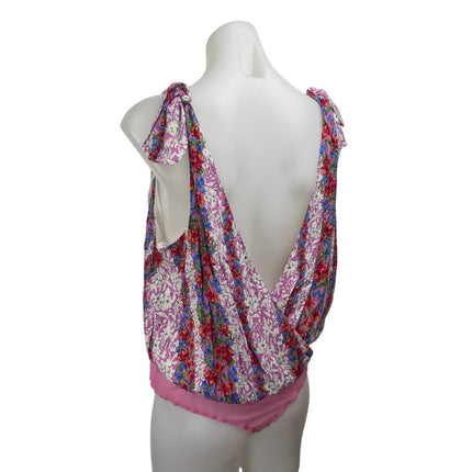 Lulus Always Blossoming Purple Floral Tie Strap Faux Wrap Bodysuit Top Size L