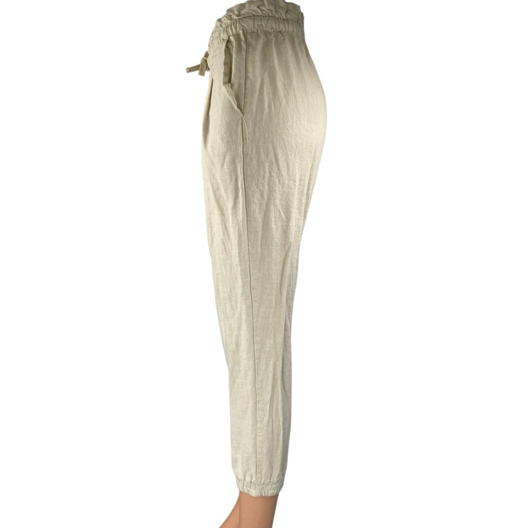 Pull & Bear White Linen High Waist Tapered Paperbag Trousers Jogger Pants Size M