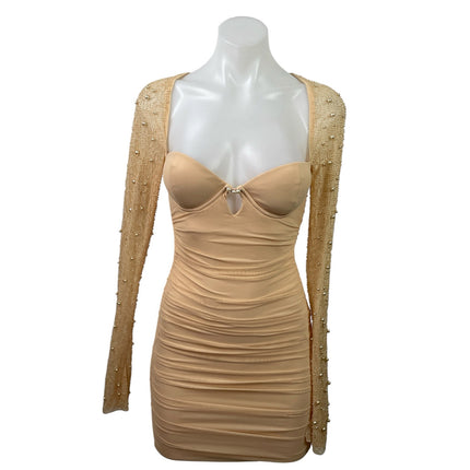 Oh Polly Orange Beaded Long Sleeve Open Back Ruched Mini Bodycon Dress Size S