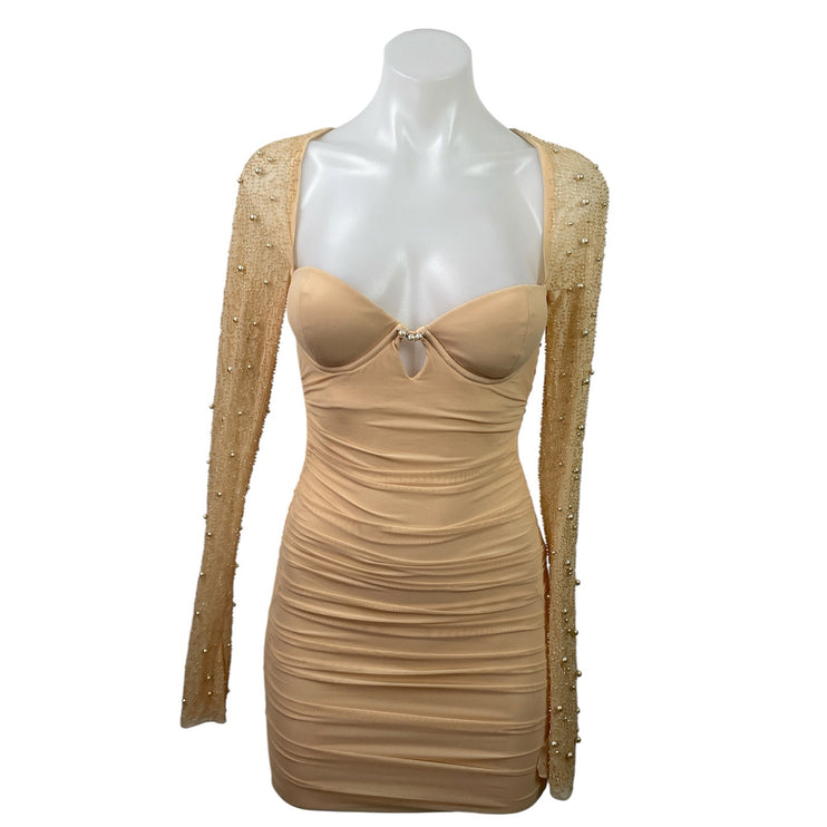 Oh Polly Orange Beaded Long Sleeve Open Back Ruched Mini Bodycon Dress Size S